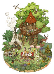Rule 34 | 2girls, 6+boys, bird, bird nest, bush, chef hat, child, chipmunk, cooking, couple, dattosan, deer, dog, duck, duckling, egg, egg (food), fake horns, flower, food, forest, fried egg, grill, grilling, hacksaw, hat, helmet, highres, hippie, holding, holding flower, horned helmet, horns, lantern, mallet, mole, mole (animal), multiple boys, multiple girls, mushroom, nature, original, pig, portable stove, pot, rabbit, saw, simple background, frying pan, smoke, spiral staircase, squirrel, stairs, teepee, tools, toque blanche, tree, tree stump, treehouse, white background, workshop