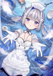 Rule 34 | 1girl, amane kanata, amane kanata (nurse), angel wings, apron, bandaged arm, bandages, blue hair, blush, colored inner hair, detached collar, dress, feathered wings, frills, gloves, grey hair, hair ornament, hat, highres, hololive, long hair, looking at viewer, luna (luna610), lying, multicolored hair, nurse, nurse cap, on back, outstretched arms, parted lips, partially submerged, purple eyes, reaching, reaching towards viewer, short sleeves, single hair intake, solo, streaked hair, syringe, twintails, twitter username, virtual youtuber, water, white dress, white gloves, wings, x hair ornament