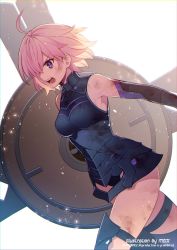 Rule 34 | 1girl, ahoge, armor, artist name, backlighting, bare shoulders, black armor, breastplate, commentary, detached sleeves, fate/grand order, fate (series), from side, hair over one eye, highres, holding, holding shield, holding weapon, injury, light particles, light purple hair, looking away, mash kyrielight, meiji ken, one eye covered, open mouth, purple eyes, scowl, shield, short hair, simple background, solo, teeth, thigh strap, thighhighs, tongue, weapon, white background