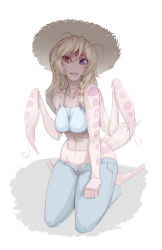 Rule 34 | 1girl, abs, antennae, arthropod girl, bad deviantart id, bad id, bankage, barefoot, blonde hair, borrowed character, braid, breasts, colored sclera, denim, extra arms, freckles, full body, hat, heterochromia, jeans, long hair, mantis girl, midriff, monster girl, no toes, open fly, original, pants, praying mantis, purple eyes, red eyes, red sclera, seiza, side braid, single braid, sitting, solo, spaghetti strap, straw hat, tank top, third eye, unzipped