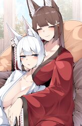 Rule 34 | 2girls, absurdres, amagi (azur lane), animal ears, azur lane, blue eyes, blush, breast rest, breasts, breasts on head, brown hair, cleavage, day, eyeshadow, fox ears, fox girl, fox tail, grin, hair between eyes, hair ornament, half-closed eyes, hand on another&#039;s chest, hand up, head on chest, highres, indoors, japanese clothes, kaga (azur lane), kimono, kitsune, large breasts, leaning on person, long hair, looking at viewer, makeup, medium hair, multiple girls, multiple tails, no bra, purple eyes, red eyeshadow, red kimono, rubbing ears, samip, smile, tail, undressing, very long hair, white hair, white kimono, wide sleeves, yuri