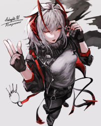 Rule 34 | 1girl, absurdres, ahoge, arknights, black footwear, black gloves, black jacket, black pantyhose, black scarf, black shorts, breasts, controller, demon tail, detonator, fingerless gloves, foot out of frame, from above, gloves, grey hair, grey shirt, hand up, highres, horns, jacket, long sleeves, medium breasts, nail polish, open clothes, open jacket, open mouth, pantyhose, red eyes, red nails, remote control, salute, scarf, shirt, shoes, short hair, shorts, solo, tail, two-finger salute, w (arknights), zeanue illust