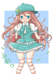 Rule 34 | 1girl, aosode, blue eyes, blush, breasts, cabbie hat, cup, disposable cup, embarrassed, frills, hair ornament, hairclip, hat, long hair, looking at viewer, medium breasts, orange thighhighs, original, red hair, skirt, solo, striped clothes, striped thighhighs, thighhighs, wavy mouth, wind, wind lift
