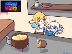 Rule 34 | 2girls, :3, absurdres, blonde hair, blue eyes, blue hair, bottle, bowl, chibi, commentary, counter, dent, drinking, drinking straw, drooling, drunk, eiul, english commentary, english text, gawr gura, hair ornament, highres, hitting, holding, holding bottle, hololive, hololive english, indoors, medium hair, mortar (bowl), multicolored hair, multiple girls, necktie, pestle, plaid, plaid skirt, red necktie, saliva, shark hair ornament, shelf, shirt, short hair, skirt, smile, spitting, streaked hair, twitter username, virtual youtuber, watson amelia, white hair, white shirt
