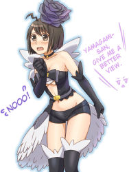 Rule 34 | 1girl, 403 (artist), ahoge, bare shoulders, black eyes, black hair, blush, boots, breasts, center opening, cleavage, cosplay, hard-translated, knee boots, magical flowers, midriff, navel, no eyewear, open mouth, rose black, rose black (cosplay), servant x service, short hair, short shorts, shorts, solo, tears, thigh gap, third-party edit, translated, yamagami lucy