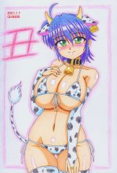 Rule 34 | 1girl, absurdres, ahoge, animal ears, animal print, artist name, bell, bikini, blue hair, blush, breasts, chinese zodiac, cleavage, closed mouth, collar, cow ears, cow horns, cow print, cow tail, dated, fake animal ears, fake horns, fake tail, female focus, gh9000, green eyes, highres, horns, large breasts, lyrical nanoha, mahou shoujo lyrical nanoha strikers, navel, neck bell, side-tie bikini bottom, smile, solo, standing, subaru nakajima, swimsuit, tail, thighhighs, year of the ox
