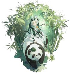 Rule 34 | 1boy, animal ears, asymmetrical footwear, bamboo, bamboo forest, bear ears, boots, brown eyes, chicken leg, cross-laced footwear, eyewear on head, forest, highres, hood, hoodie, male focus, mismatched footwear, nature, original, panda, ponytail, pouch, riding, solo, sunglasses, white hair, zzzi gn