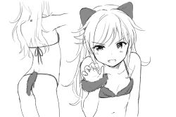 Rule 34 | 1girl, animal ears, bra, breasts, cat ears, cat tail, chigusa asuha, cleavage, collarbone, fang, grey bra, greyscale, long hair, looking at viewer, monochrome, open mouth, panties, qualidea code, sekiya asami, simple background, sketch, small breasts, solo, string panties, swept bangs, tail, underwear, white background, wrist cuffs