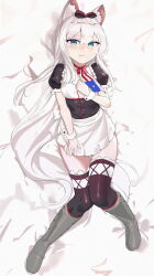 1girl american_flag_neckwear animal_ears apron azur_lane black_dress blue_eyes blush boots cat_ears cat_girl dress frown full_body hair_between_eyes hammann_(azur_lane) hand_on_own_chest highres hip_focus knee_boots knee_up knees_together_feet_apart long_hair mogeuwuwuu necktie pout short_sleeves solo thighhighs very_long_hair waist_apron white_apron white_hair wrist_cuffs