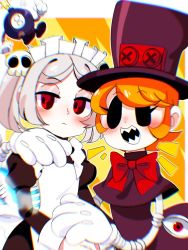 Rule 34 | 2girls, ^^^, bloody marie (skullgirls), blush, brooch, cyborg, george the bomb, gloves, grey hair, hair ornament, hand on another&#039;s shoulder, hat, highres, jewelry, maid headdress, multiple girls, open mouth, orange hair, peacock (skullgirls), red eyes, sharp teeth, skull hair ornament, skullgirls, taierchocolate, teeth, top hat, twintails, yellow background
