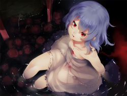 Rule 34 | 1girl, bare shoulders, blood, blood in mouth, blue hair, downblouse, female focus, from above, looking at viewer, looking up, no headwear, no headwear, partially submerged, red eyes, remilia scarlet, short hair, solo, touhou, water, yuuji (yukimimi)