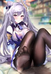 Rule 34 | 1girl, absurdres, artist request, ass, bare shoulders, blush, breasts, cameltoe, detached sleeves, dress, embarrassed, genshin impact, gloves, hair between eyes, hair ornament, hairpin, highres, keqing (genshin impact), large breasts, light purple hair, long hair, looking at viewer, panties, panties under pantyhose, pantyhose, print pantyhose, puddle, purple dress, purple eyes, see-through, shiny clothes, shiny skin, short dress, sitting, skirt, solo, twintails, underwear, very long hair, wet, wet clothes
