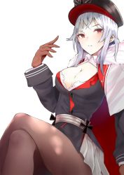 Rule 34 | 1girl, arm at side, arm up, azur lane, bad id, bad twitter id, black pantyhose, breasts, brown gloves, cleavage, commentary, cross, fur trim, gloves, graf zeppelin (azur lane), hair between eyes, hat, highres, iron cross, large breasts, long hair, looking at viewer, military, military uniform, pantyhose, parted lips, peaked cap, red eyes, silver hair, sitting, solo, uniform, white background, youkan (mattya youkan)