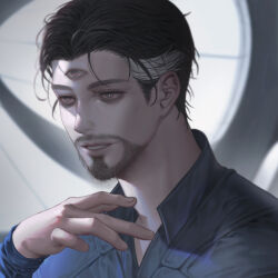 Rule 34 | 1boy, black hair, blue shirt, commentary request, doctor strange, doctor strange in the multiverse of madness, facial hair, fingernails, grey eyes, grey hair, hand up, indoors, korean commentary, lips, long sleeves, looking to the side, male focus, mandarin collar, marvel, marvel cinematic universe, multicolored hair, poboong123, round window, shirt, short hair, smile, solo, teeth, third eye, two-tone hair, upper body, window