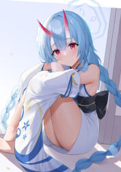 Rule 34 | 1girl, bare shoulders, black sash, blue archive, blue hair, blush, braid, chise (blue archive), detached sleeves, futon fly away, hair ornament, halo, highres, horns, long sleeves, looking at viewer, oni horns, purple eyes, sash, sitting, solo, thighs, twin braids, wide sleeves