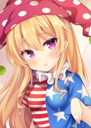 Rule 34 | 1girl, american flag dress, beige background, blonde hair, blush, breasts, clownpiece, fairy wings, gradient background, hair between eyes, hat, highres, jester cap, long hair, miy@, open mouth, pink eyes, polka dot, red hat, red stripes, sidelocks, simple background, small breasts, smile, solo, star (symbol), star print, sweat, touhou, upper body, wings