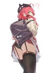 Rule 34 | 1girl, ?, ahoge, ass, bag, black panties, black thighhighs, from behind, garter straps, green eyes, hair ornament, hat, highres, holding, hololive, l c ri s ps, long hair, looking at viewer, looking back, panties, pantyshot, red hair, sakura miko, sakura miko (casual), simple background, skirt, solo, standing, sweater, thighhighs, underwear, virtual youtuber, white background