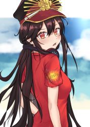 Rule 34 | 1girl, absurdres, artist request, back, blue sky, blurry, blurry background, blush, breasts, buster shirt, day, family crest, fate/grand order, fate (series), hair between eyes, hat, headphones, headphones around neck, highres, long hair, looking at viewer, medium breasts, oda nobunaga (fate), oda nobunaga (koha-ace), oda nobunaga (swimsuit berserker) (fate), oda nobunaga (swimsuit berserker) (first ascension) (fate), oda uri, open mouth, peaked cap, red shirt, shirt, sky, solo, t-shirt, very long hair