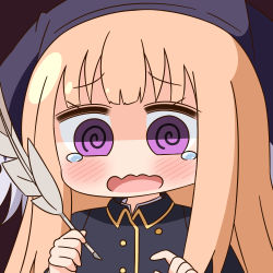 Rule 34 | 1girl, @ @, animal ears, animal hat, black hat, black jacket, blush, brown background, fake animal ears, hana kazari, hands up, hat, highres, holding, jacket, light brown hair, lou (shingeki no bahamut), open mouth, princess connect!, purple eyes, quill, shaded face, simple background, solo, tears, wavy mouth