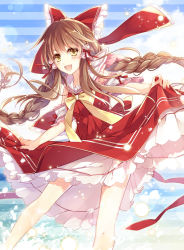 Rule 34 | 1girl, adapted costume, alternate hairstyle, bow, braid, brown eyes, brown hair, chemise, clothes lift, dress, dress lift, hair bow, hair tubes, hakurei reimu, long hair, looking at viewer, mochizuki shiina, open mouth, red dress, sailor collar, sailor dress, short sleeves, smile, solo, striped, striped background, touhou, twin braids, very long hair