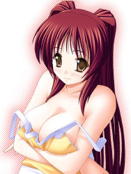 Rule 34 | 00s, apron, bare shoulders, blush, breasts, brown eyes, cleavage, kousaka tamaki, large breasts, long hair, naked apron, red hair, smile, solo, to heart (series), to heart 2, wardrobe malfunction