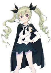 10s 1girl anchovy_(girls_und_panzer) brown_eyes cape deca_purio drill_hair female_focus girls_und_panzer green_hair hair_ribbon highres long_hair military military_uniform pantyhose ribbon riding_crop smile solo twin_drills twintails