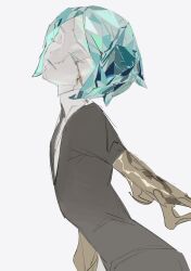 Rule 34 | 1other, aqua hair, closed eyes, closed mouth, commentary, crystal hair, english commentary, highres, horikwawataru, houseki no kuni, other focus, phosphophyllite, short hair, simple background, solo