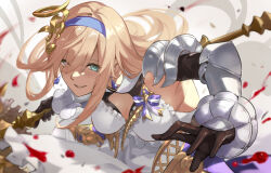Rule 34 | 1girl, armor, black gloves, blonde hair, blood, blurry, blurry foreground, blush, breasts, commentary request, dress, earrings, enyo (granblue fantasy), gloves, granblue fantasy, green eyes, hairband, holding, holding polearm, holding weapon, jewelry, long hair, looking at viewer, medium breasts, nos, open mouth, polearm, shoulder armor, sleeveless, sleeveless dress, smile, solo, spear, upper body, vambraces, weapon, white dress
