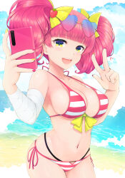 Rule 34 | 1girl, absurdres, bandaged arm, bandages, beach, bikini, blunt bangs, bow, breasts, cellphone, eyewear on head, food-themed hair ornament, hair ornament, heart, heart-shaped eyewear, highres, holding, holding phone, large breasts, milk (pop&#039;n music), multicolored nails, nail polish, navel, open mouth, phone, pink hair, pop&#039;n music, sky, smartphone, solo, stomach, strawberry hair ornament, striped bikini, striped clothes, sunglasses, swimsuit, teeth, temari rin, twintails, upper teeth only, v, yellow bow, yellow eyes
