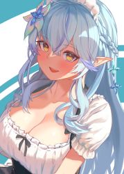 Rule 34 | 1girl, ahoge, blue hair, blush, breasts, cleavage, dress, elf, flower, hair between eyes, hair flower, hair ornament, half updo, highres, hololive, large breasts, long hair, looking at viewer, maid headdress, open mouth, pointy ears, roco (rocoroco1115), smile, solo, virtual youtuber, yellow eyes, yukihana lamy