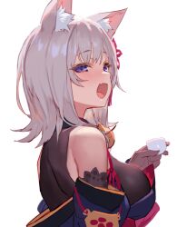 Rule 34 | 1girl, animal ears, blue eyes, blush, bodysuit, breasts, character request, cup, detached sleeves, fang, gloves, grey hair, indie virtual youtuber, izumi sai, japanese clothes, kimono, large breasts, open mouth, purple eyes, see-through bodysuit, smile, virtual youtuber, white background