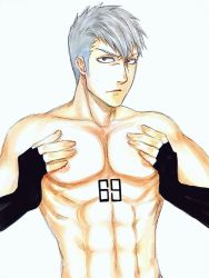 Rule 34 | 1boy, abs, arundhati-1216, black gloves, bleach, covering privates, covering chest, fingerless gloves, gloves, looking at viewer, male focus, muguruma kensei, muscular, short hair, silver hair, simple background, solo, sweatdrop, upper body, yellow eyes