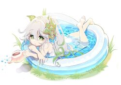 Rule 34 | 1girl, ass, barefoot, dress, feet, genshin impact, gradient hair, grass, green eyes, green hair, grey hair, hair ornament, legs, long hair, lying, multicolored hair, nahida (genshin impact), on stomach, outdoors, partially submerged, sharp teeth, side ponytail, soles, solo, sundress, teeth, toes, toro astro, two-tone hair, wading pool, water, watering can, wet, wet clothes, wet dress, white dress