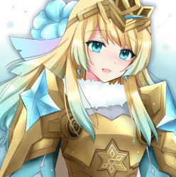 Rule 34 | 1girl, armor, blonde hair, blue dress, blue eyes, blue flower, blue hair, breastplate, commentary, dress, earrings, fire emblem, fire emblem heroes, fjorm (fire emblem), flower, fur collar, fur trim, gradient hair, hair between eyes, hair flower, hair ornament, jewelry, kirishima riona, long hair, long sleeves, looking at viewer, multicolored hair, nintendo, open mouth, shoulder armor, sidelocks, smile, solo, tiara, tongue, two-tone hair, upper body, very long hair