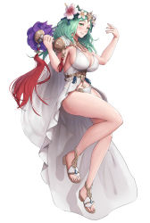 Rule 34 | 1girl, absurdres, bikini, breasts, cleavage, dress, dumbbell, fire emblem, fire emblem: three houses, flower, flower on head, full body, gonzarez, green eyes, green hair, highres, huge breasts, large breasts, long hair, looking at viewer, nail polish, nintendo, parted lips, rhea (fire emblem), sandals, sideboob, smile, solo, swimsuit
