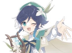 Rule 34 | 1boy, androgynous, aqua hair, beret, blue hair, blush, braid, cape, flower, genshin impact, gradient hair, green eyes, green hat, hat, hat flower, holding, holding instrument, instrument, long sleeves, looking at viewer, lyre, male focus, multicolored hair, one eye closed, open mouth, shirase (shirose), short hair with long locks, simple background, solo, twin braids, upper body, venti (genshin impact), white background, white flower