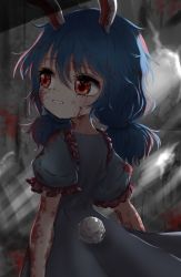 Rule 34 | 1girl, absurdres, ambiguous red liquid, animal ears, arms at sides, bloomers, blue dress, blue hair, clenched teeth, crying, crying with eyes open, dark room, dilapidated, dress, highres, indoors, kayon (touzoku), kine, light rays, looking to the side, low twintails, mallet, puffy short sleeves, puffy sleeves, rabbit ears, rabbit tail, red eyes, seiran (touhou), short hair, short sleeves, solo, splatter, stained clothes, sunbeam, sunlight, tail, tears, teeth, touhou, twintails, underwear