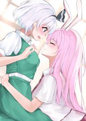 Rule 34 | 258n, 2girls, animal ears, arm up, arms around waist, blue eyes, blush, bow, breasts, closed eyes, commentary, cowboy shot, dutch angle, from side, green skirt, green vest, hair bow, hair ribbon, hand on another&#039;s back, highres, konpaku youmu, leaning on person, long hair, looking at another, looking down, medium breasts, multiple girls, necktie, pink hair, profile, puffy short sleeves, puffy sleeves, purple hair, rabbit ears, red neckwear, reisen udongein inaba, ribbon, shirt, short hair, short sleeves, silver hair, skirt, smile, surprised, touhou, very long hair, vest, white shirt, window, yuri