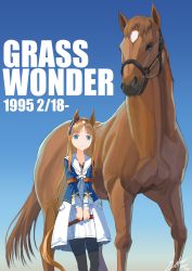 Rule 34 | 1girl, absurdres, animal ears, birthday, black pantyhose, blue background, blue eyes, brown hair, commentary, creature and personification, ear ornament, english commentary, feet out of frame, gradient background, grass wonder (racehorse), grass wonder (umamusume), highres, horse, horse ears, horse girl, horse tail, laminar flow, long hair, looking at viewer, multicolored hair, pantyhose, parted bangs, real life, sailor collar, signature, simple background, skirt, smile, tail, umamusume, white hair, white skirt