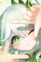 Rule 34 | 1girl, ;o, blush, commentary request, cross-shaped pupils, finger frame, genshin impact, gradient hair, green eyes, grey hair, hair between eyes, hair ornament, highres, long hair, looking at viewer, multicolored hair, nahida (genshin impact), one eye closed, parted lips, partial commentary, pistachiocream, pointy ears, side ponytail, solo, symbol-shaped pupils