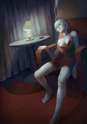 Rule 34 | 1girl, armchair, chair, cigarette, commentary request, curtains, highres, jittsu, lamp, nightgown, original, pale skin, sitting, smoking, strap slip, underwear, white hair