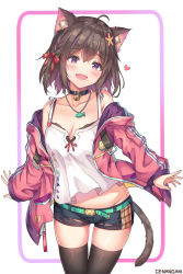 Rule 34 | 1girl, ahoge, animal ear fluff, animal ears, artist name, bell, belt, black thighhighs, blush, breasts, brown hair, cat ears, cat girl, cat tail, cenangam, choker, cleavage, cowboy shot, fang, groin, hair between eyes, hair ribbon, heart, jacket, jewelry, jingle bell, looking at viewer, medium breasts, multicolored hair, neck bell, necklace, off shoulder, open clothes, open jacket, open mouth, original, purple eyes, purple hair, ribbon, short shorts, shorts, singlet, smile, solo, standing, tail, thighhighs, thighs