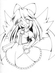 Rule 34 | 1girl, bow, cape, female focus, greyscale, hair bow, highres, ink (medium), long hair, looking at viewer, monochrome, open mouth, reiuji utsuho, smile, solo, sou ryuu, touhou, traditional media, wings