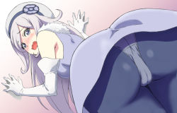Rule 34 | 10s, 1girl, against wall, aila jyrkiainen, ass, bare shoulders, beret, blush, dress, elbow gloves, flower, from behind, fur trim, ginmaru, gloves, gundam, gundam build fighters, hat, hat flower, long hair, looking at viewer, looking back, open mouth, panties, panties under pantyhose, pantyhose, silver hair, solo, underwear, wavy mouth, white gloves, white panties