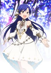 Rule 34 | 1girl, bare shoulders, belly chain, blue background, blue hair, blurry, blush, brown eyes, cowboy shot, dated, detached sleeves, dot nose, dress, flat chest, frilled dress, frills, hair ornament, idolmaster, idolmaster (classic), idolmaster million live!, idolmaster million live! theater days, jewelry, kidachi, kisaragi chihaya, long hair, long sleeves, looking at viewer, open hands, open mouth, outstretched arms, sleeveless, sleeveless dress, smile, solo, standing, star (symbol), star hair ornament, teeth, upper teeth only, white dress, white sleeves