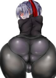 Rule 34 | 1girl, ass, binkan argento, blue eyes, blush, cameltoe, embarrassed, from behind, hair ribbon, highres, huge ass, kamiyoshi mikoto, long hair, looking at viewer, looking back, open mouth, original, pants, pantylines, ponytail, ribbon, short hair, silver hair, solo, tight clothes, tight pants