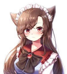 Rule 34 | 1girl, :/, alternate costume, animal ears, black bow, black bowtie, bow, bowtie, breasts, brown hair, closed mouth, commentary request, enmaided, frilled shirt collar, frills, gem, highres, imaizumi kagerou, long hair, maid, maid headdress, medium breasts, pudding (skymint 028), purple eyes, red eyes, sidelocks, simple background, solo, straight hair, touhou, upper body, white background, wolf ears, wolf girl