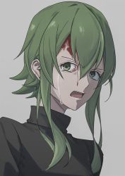 Rule 34 | 1girl, black shirt, blood, blood on face, commentary, crying, crying with eyes open, frown, green hair, grey background, gumi, medium hair, open mouth, portrait, shirt, sidelighting, sideways glance, solo, tears, vocaloid, wounds404