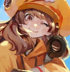 Rule 34 | 1girl, arc system works, black gloves, blue sky, brown eyes, brown hair, closed mouth, fingerless gloves, gloves, guilty gear, guilty gear strive, hat, long hair, may (guilty gear), one eye closed, orange hat, orange sweater, outdoors, sky, smile, solo, sweater, uncle rabbit ii