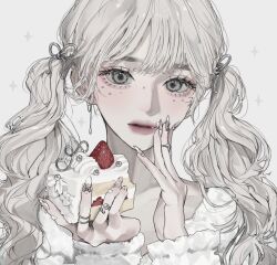 Rule 34 | 1girl, cake, earrings, eating, fingernails, food, food bite, fruit, grey background, grey eyes, grey hair, hair ornament, hands up, highres, holding, holding cake, holding food, jewelry, kirochy, long fingernails, long hair, long sleeves, looking at viewer, multiple rings, nail art, nail polish, original, ring, solo, strawberry, strawberry cake, twintails, upper body, wavy hair